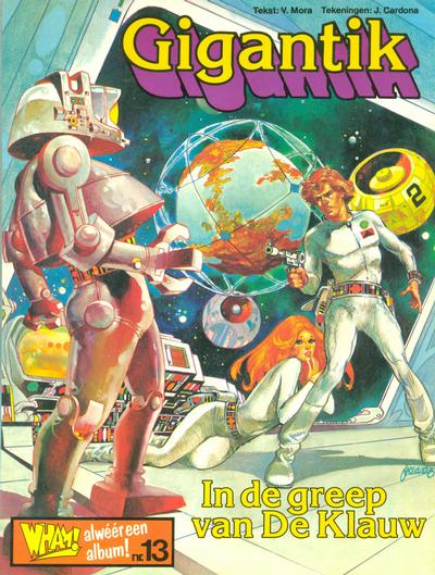 A robot is menacing our hero, who has his blaster in his hand. A red haired girl is lying next to him, clinging to his leg. On the monitor in the background a planet surrounded by an air shield and two artificial moons is visible